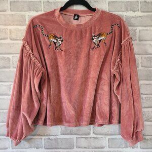Merlot Japanese Streetwear Velvet Puff Sleeve Sweater Embroidered Lemur *measure